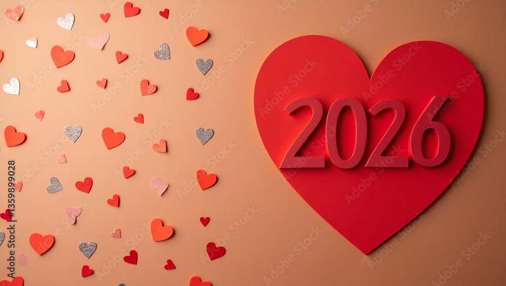 Poster 2026 new year countdown concept: red heart shapes on brown paper background - symbolizing love and c