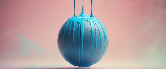 An inverted gray sphere with blue paint dripping upward, set against a pink background.