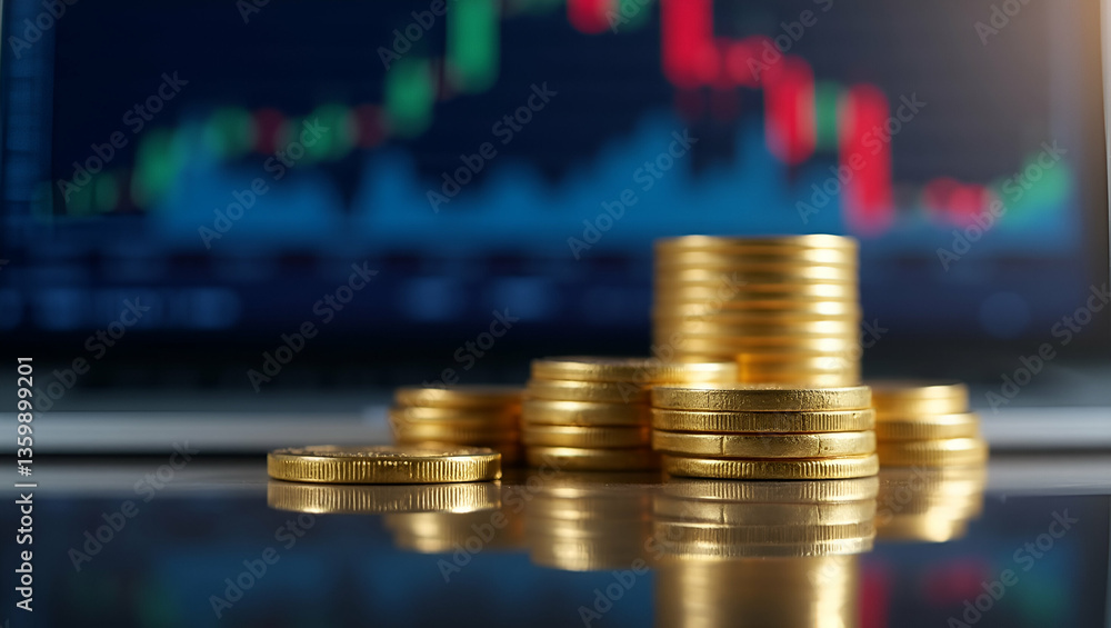 Poster stacked gold coins reflecting on table with financial stock market graph background concept as stack