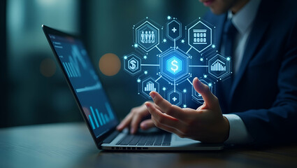 Flat Businessman Engaging with Holographic Financial Icons on Laptop: A Cute Vector Illustration of Digital Banking, Global Transactions, Currency Exchange, and Fintech Growth in an Empty Space Concep