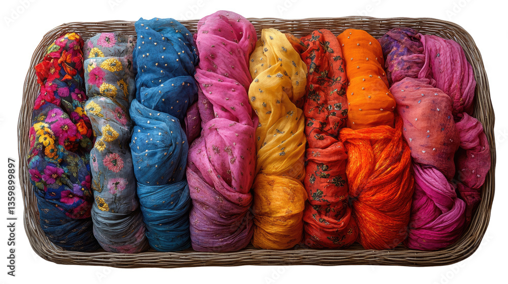 Poster a symphony of colors: a wicker basket overflows with a vibrant array of colorful scarves, each a uni
