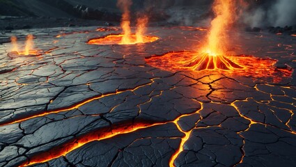 Cracked surface reveals molten lava. Eruptions and heat rise