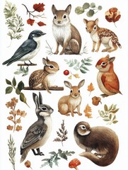 Collection of various woodland creatures illustrated in a whimsical style