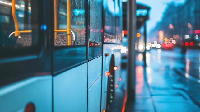 Buses parked at bus stops, convenient urban public transportation