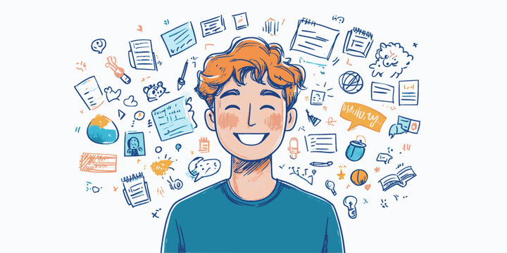 A boy with a smile on his face is surrounded by a lot of writing and drawings. Concept of creativity and inspiration, as the boy appears to be thinking deeply and possibly working on a project or idea