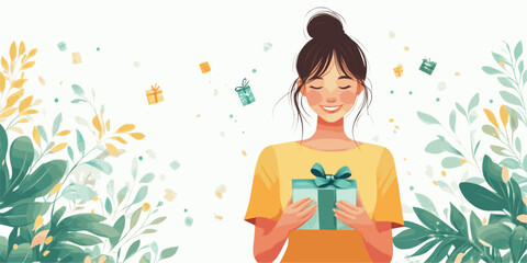 A woman is holding a gift and smiling. The image has a happy mood. The woman is surrounded by green leaves, which adds to the natural and pleasant atmosphere of the scene