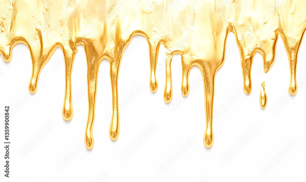 Poster liquid gold drips: the image is an abstract composition featuring viscous golden liquid dripping dow