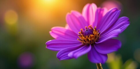 Fototapeta premium Petals of a majestic purple flower unfold in the warm sunlight, showcasing intricate details and vibrant color, petals, floral details