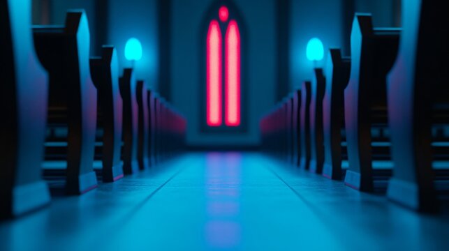 Illuminated church interior with neon glowing windows. Modern religious art concept for Easter, Christmas Eve, or midnight mass. Futuristic Christian worship atmosphere. - Powered by Adobe