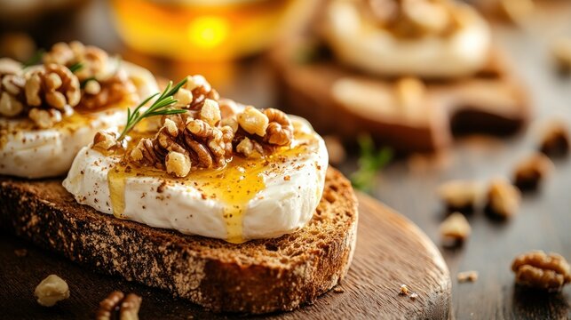 Honey-drizzled cheese and walnut toast appetizers
