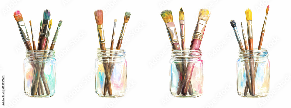 Poster brushes in jars: a vibrant array of artist brushes elegantly displayed in transparent jars, offering