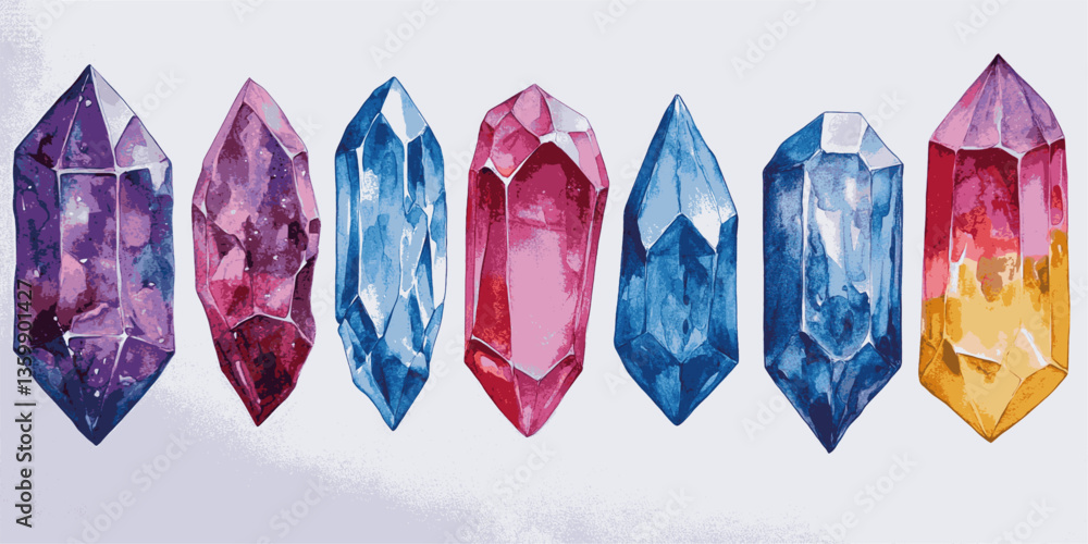Poster a series of colorful gems are painted on a white background. the gems are of various sizes and color