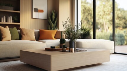 Light beige sectional sofa adorned with orange and green throw pillows in a modern living room with a light wood coffee table and decorative accents