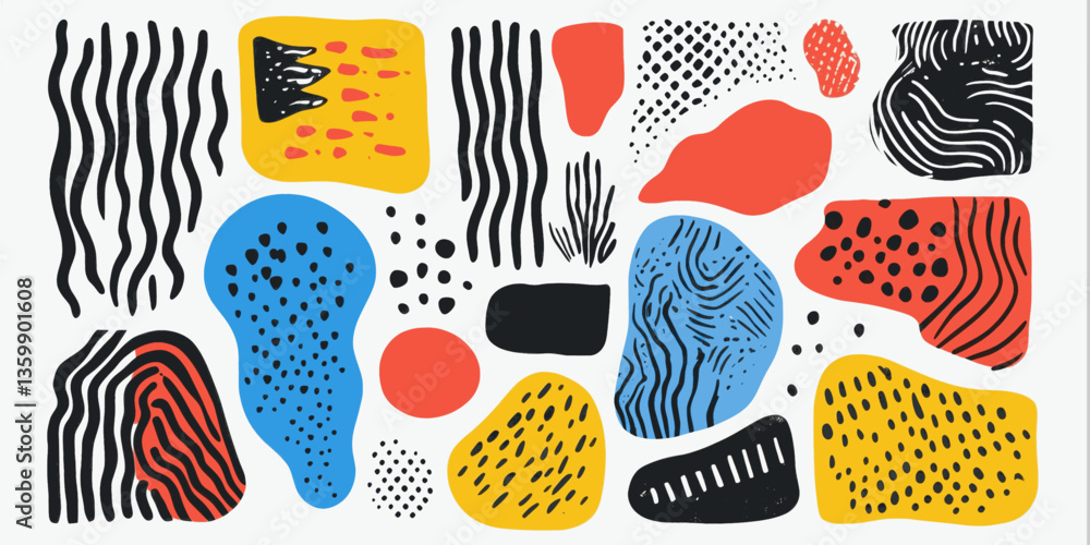 Poster a colorful abstract painting with many different shapes and patterns. the painting is full of energy