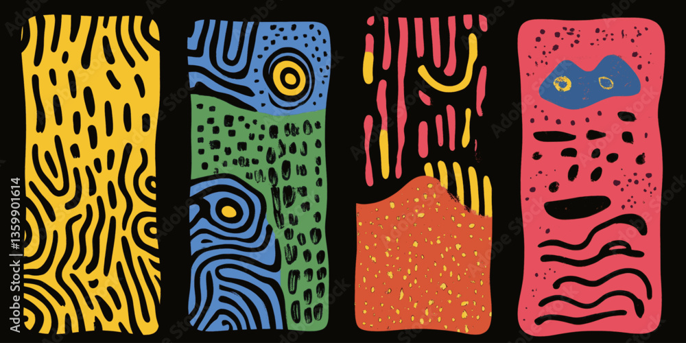 Poster four abstract paintings with different colors and patterns. the paintings are all different, but the
