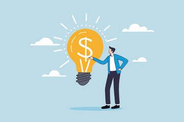 Idea pitching, startup idea or entrepreneurship funding, venture capital meeting, business idea to make money presentation, investment discussion concept, businessman present money idea lightbulb.