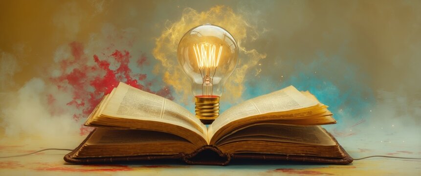 Artistic collage featuring a light bulb hovering over an open book. The idea revolves around learning and discovering something new.
