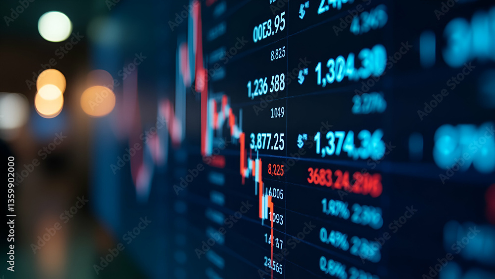 Poster stock market data table on large screen with blurred lights background and empty space for customiza