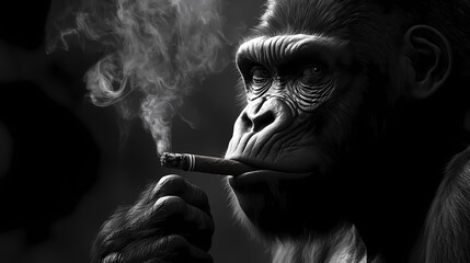 Reflective Smoke: A contemplative gorilla, enveloped in a cloud of smoke, holding a lit cigar in its hand. A striking portrait of nature's dichotomy and human influence.