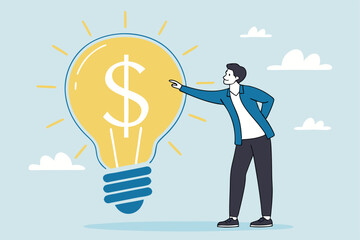 Idea pitching, startup idea or entrepreneurship funding, venture capital meeting, business idea to make money presentation, investment discussion concept, businessman present money idea lightbulb.