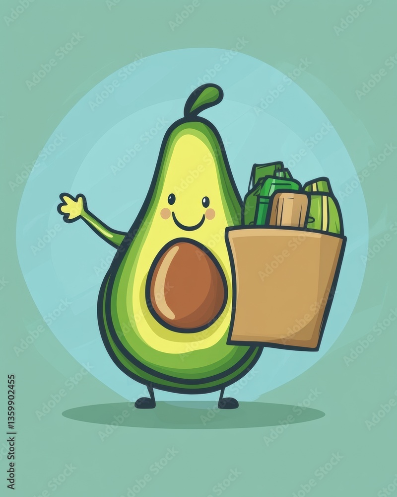 Poster humorous cartoon avocado enjoys carrying a large grocery bag in a playful pastel background generati