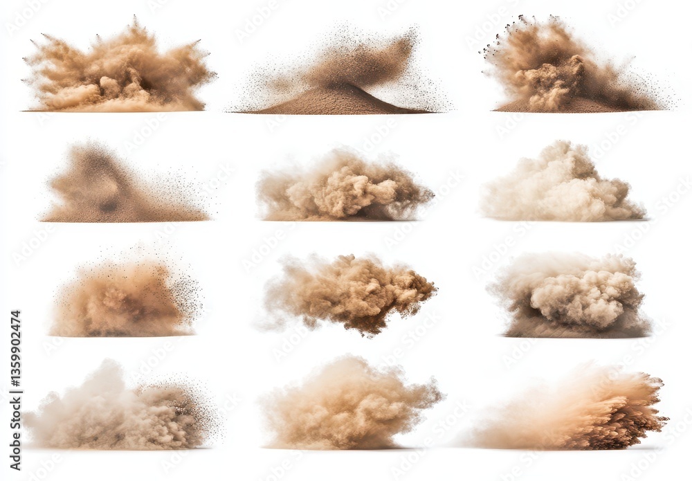 Poster a collection of dynamic dust clouds and explosions featuring various textures and patterns captured 
