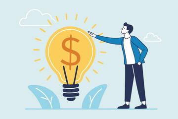 Idea pitching, startup idea or entrepreneurship funding, venture capital meeting, business idea to make money presentation, investment discussion concept, businessman present money idea lightbulb.