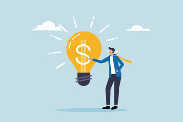 Idea pitching, startup idea or entrepreneurship funding, venture capital meeting, business idea to make money presentation, investment discussion concept, businessman present money idea lightbulb.