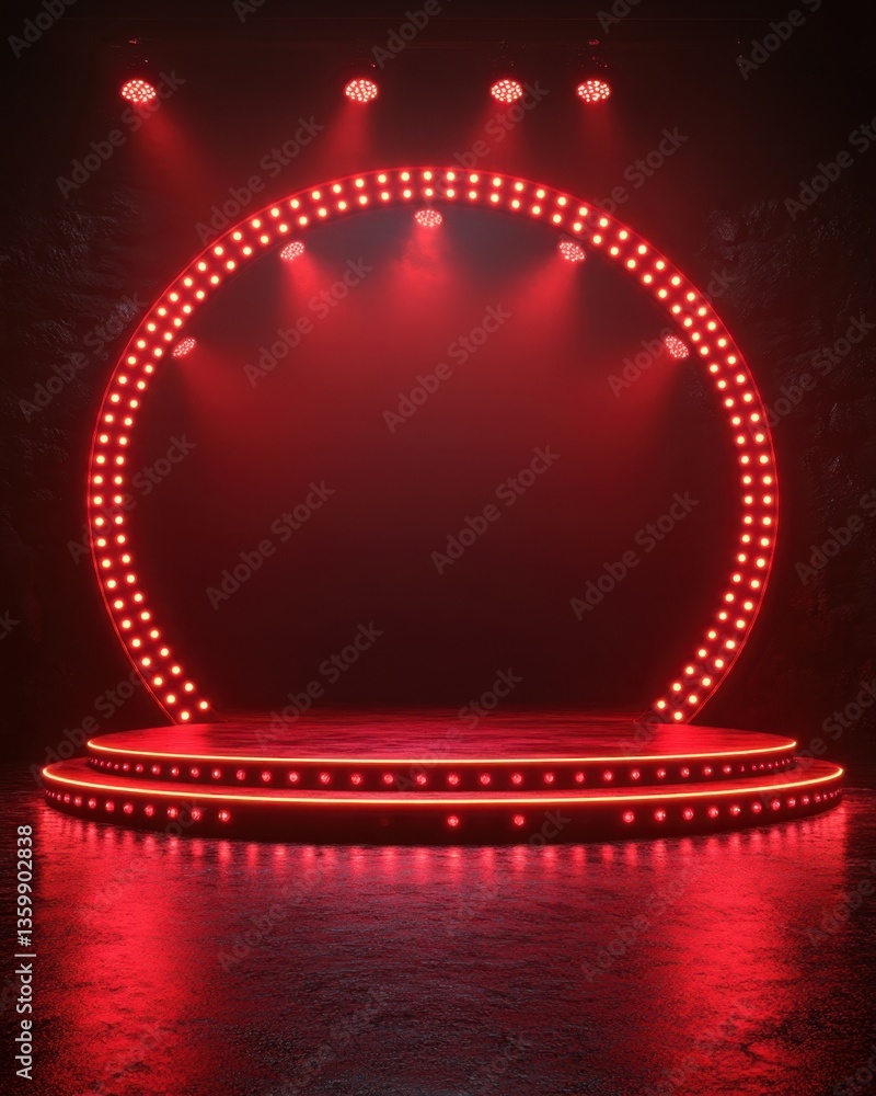 Poster a red stage with an arched light ring and multiple spotlights, creating a dramatic presentation