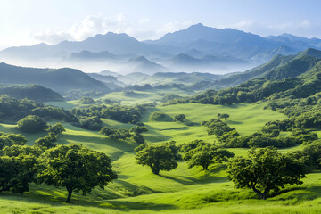 Obraz premium Serene mountain valley, green grassland, misty sunrise, idyllic landscape; travel brochure