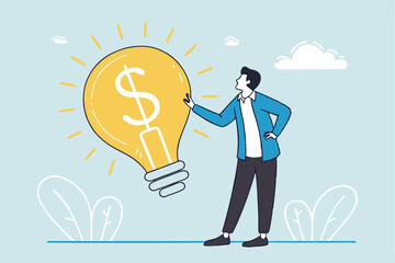 Idea pitching, startup idea or entrepreneurship funding, venture capital meeting, business idea to make money presentation, investment discussion concept, businessman present money idea lightbulb.