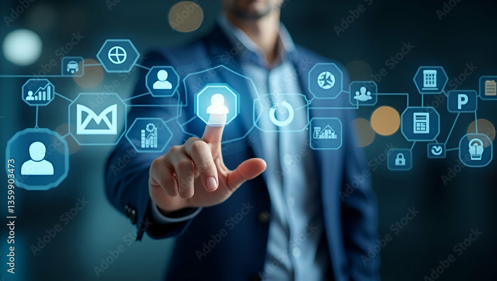 Poster businessman approving document on virtual screen: workflow management & project approval concept