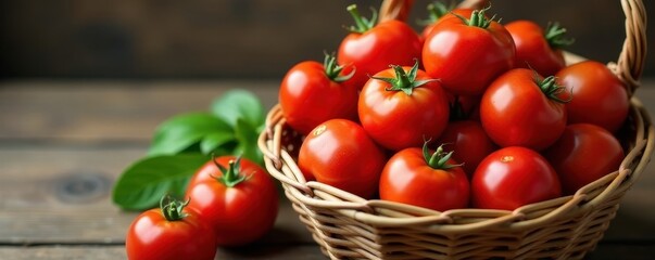 Oversized red tomatoes, plump and juicy, fill a woven basket Wooden surface , red, food, ripe