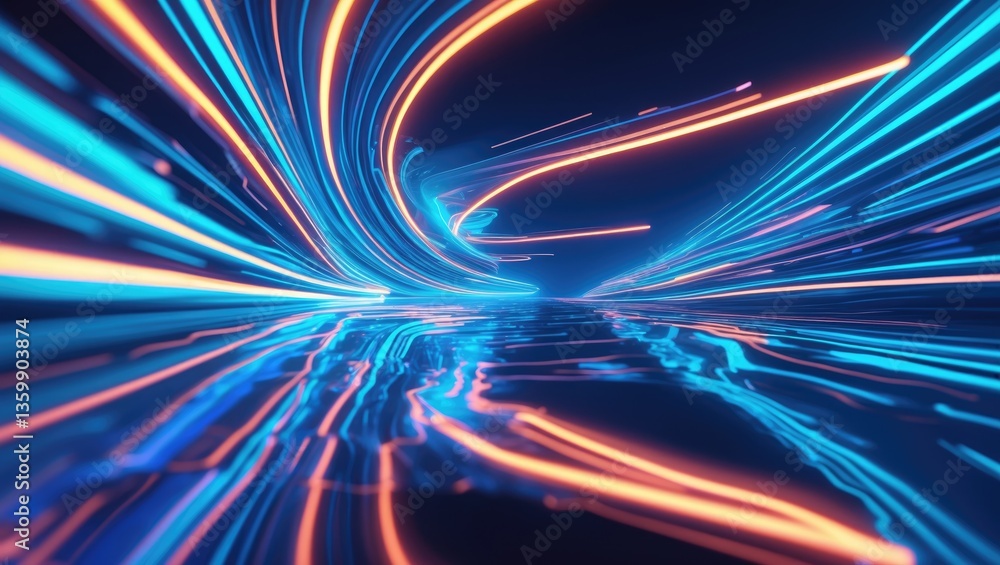 Poster background featuring abstract shimmering lines resembling a wave arrangement of neon light. a blue h