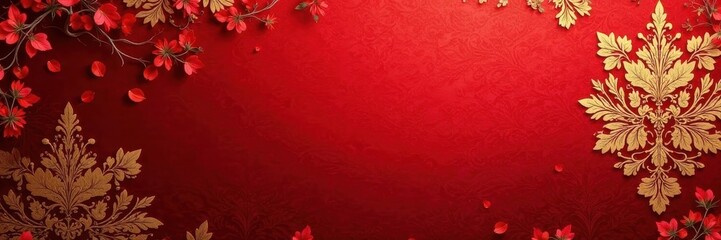Rich red backdrop with embossed gold floral damask , wall art, background, illustration