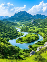 Fototapeta premium Serpentine river meanders through lush green valley, mountains backdrop; travel brochure