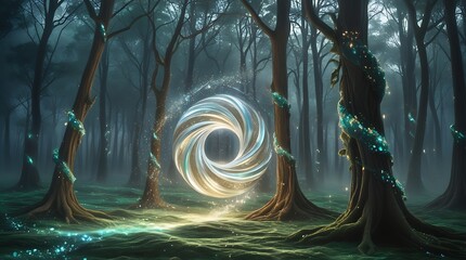 A shimmering magic portal of swirling light materializes in the heart of a mystical, enchanted twilight forest.