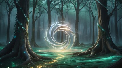 A fantasy landscape of trees and clouds, where blue light reflects in liquid depths of the forest