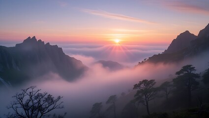 Misty mountain landscapes painted with sunrise and sunset hues, where sun and clouds embrace the horizon
