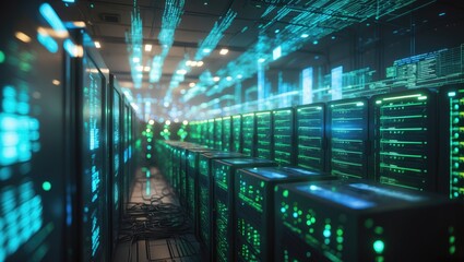An image depicting a server room where data processing occurs. A computer interface concept illustration related to finance.