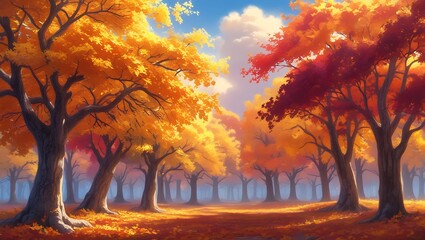 Golden autumn hues paint the park and forest during a sunset's embrace