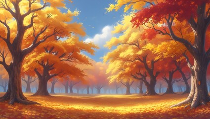 Golden autumn hues paint the park and forest during a sunset's embrace