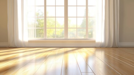 Fototapeta premium A bright room with wooden flooring and large windows, allowing sunlight to stream in, highlighting a tranquil indoor atmosphere, Sustainable Living.