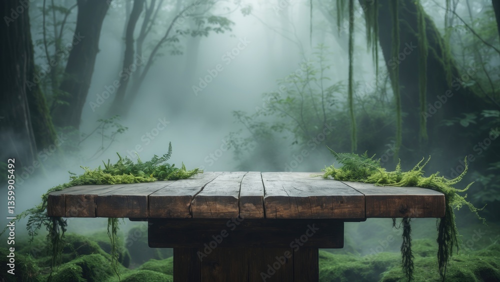 Aufkleber a bare wood table surface is combined with a misty curtain and a backdrop of woods and foliage. the 