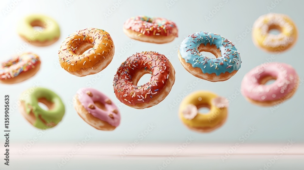 Aufkleber a colorful array of assorted donuts with vibrant glaze and sprinkles floating against a soft light-b