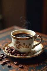 Rich espresso coffee cup on ornate vintage table with scattered coffee beans, rustic, bean