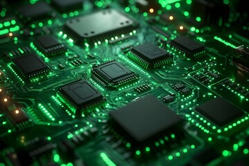 Fototapeta premium Futuristic Green Circuit Board with Integrated Microchips and Glowing Lights