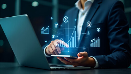 Flat Businessman interacting with holographic financial icons on laptop displaying banking global transactions currency exchange and financial growth symbolizing digital banking and fintech in empty s