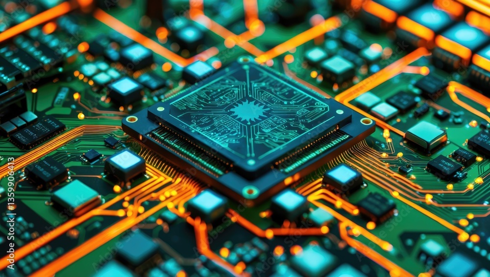 Poster a detailed view of a computer circuit board highlighting a central processing unit surrounded by var