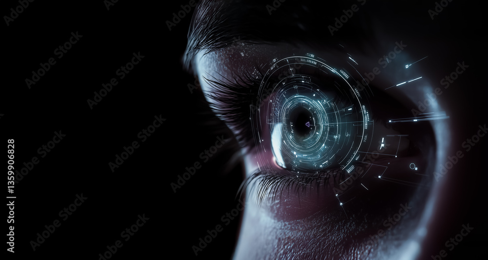 Poster stylized sci-fi eye close-up with a circular holographic hud overlay, suggesting digital vision and 